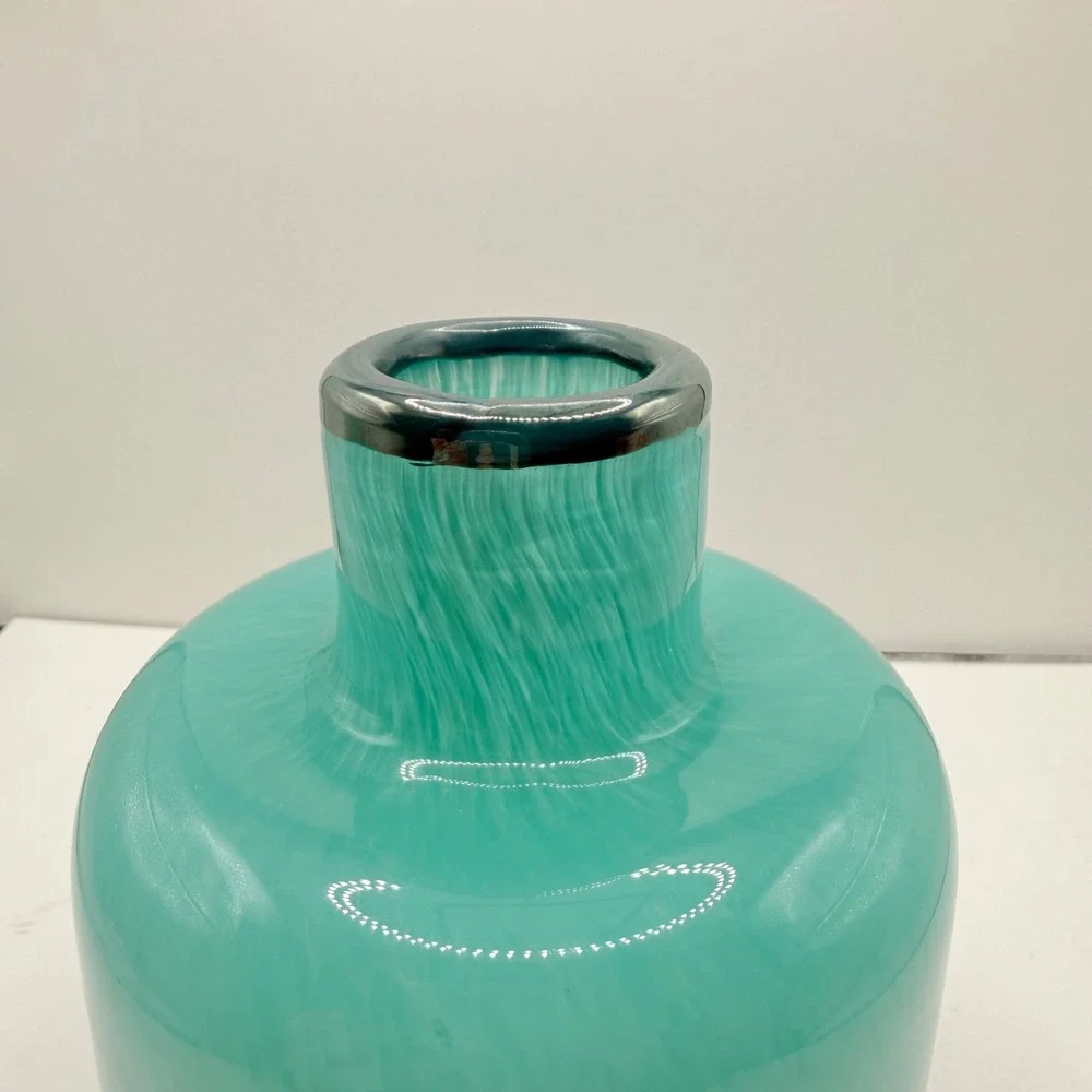 Hand-Blown Glass Vase‎ Home Decor Medium Turquoise Swirl Silver Rim Modern